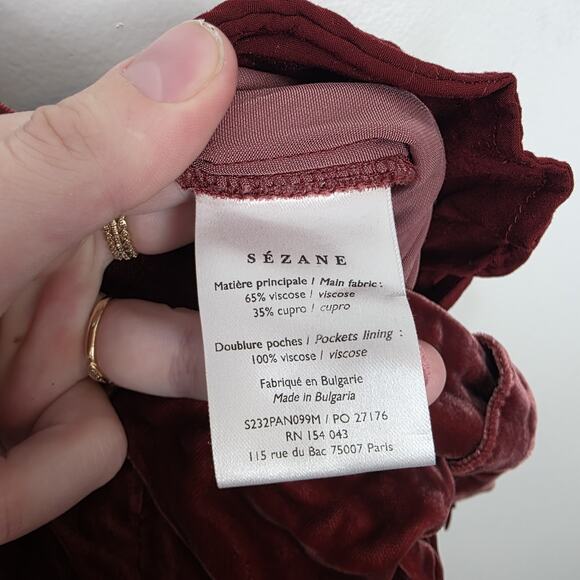 Sezane Dark Pink Crushed Velvet High Waisted Wide Leg Tyler Pants Size 10 - Picture 7 of 11